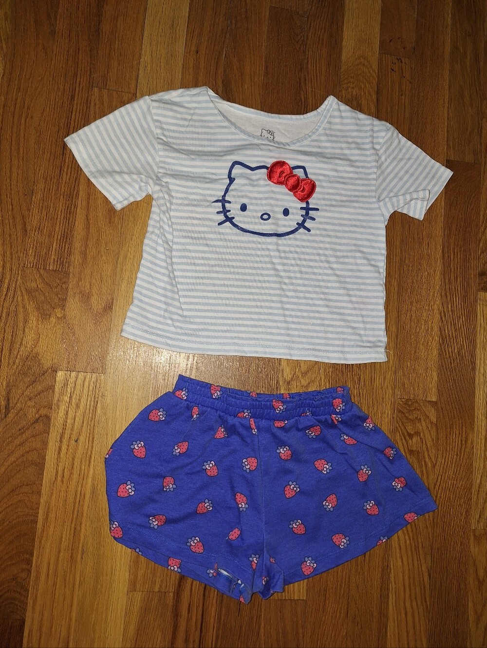 Hello Kitty Girls' Blue Stripe Tee with Purple Strawberry Shorts Set